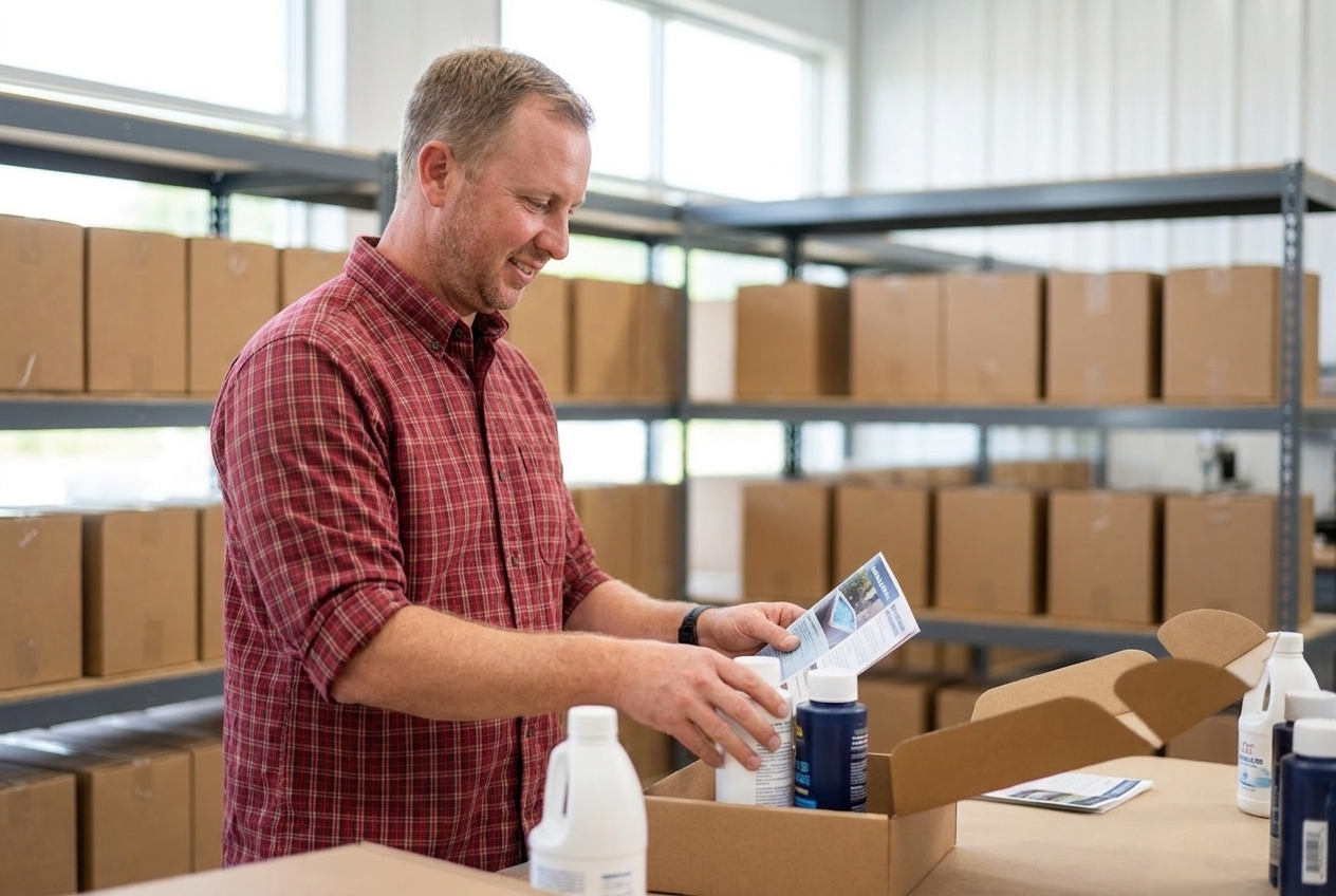 Assembling hot tub water care kits in the LeisureQuip warehouse